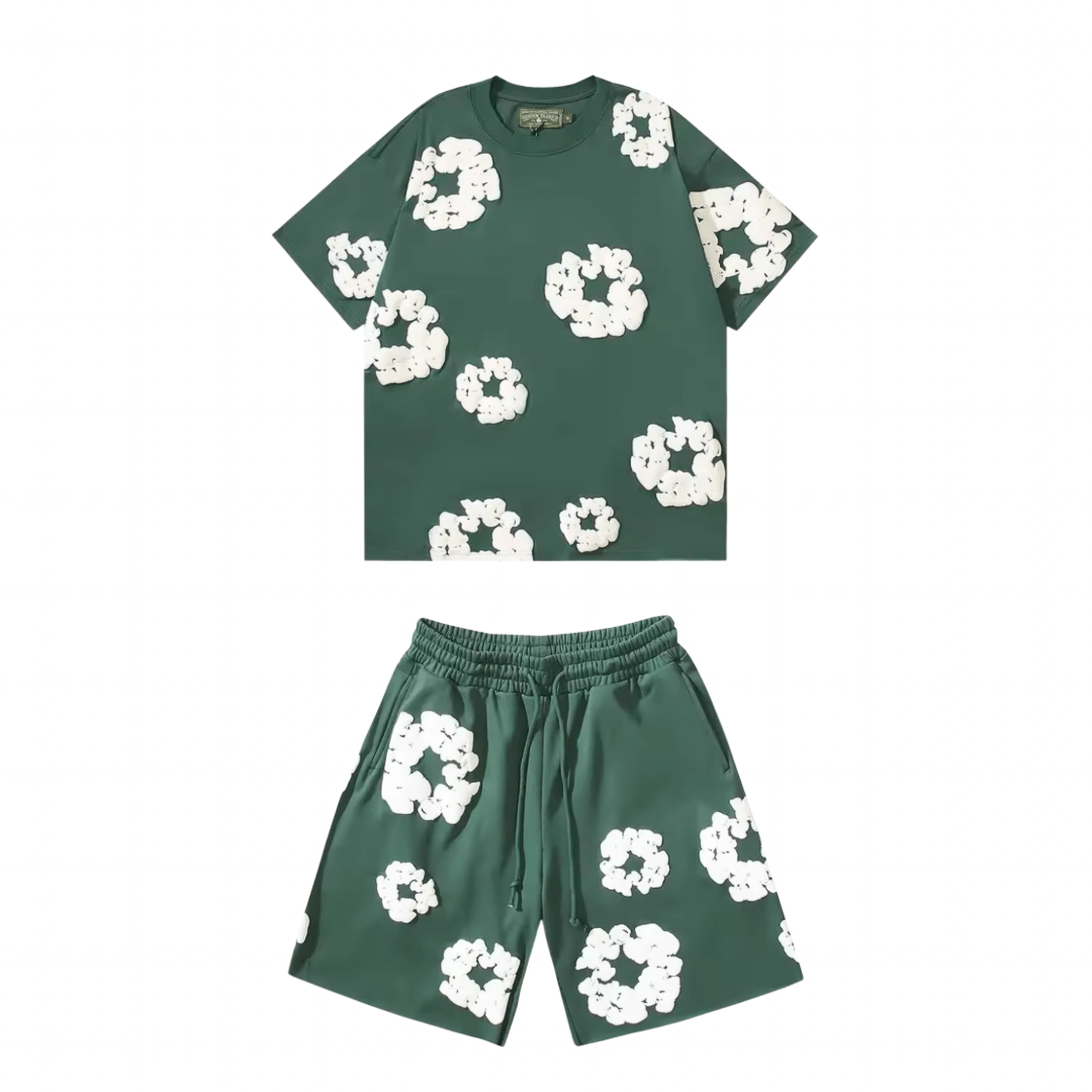 FLOWER KISS – Completo corto in denim con stampa corona unica | Streetwear estivo