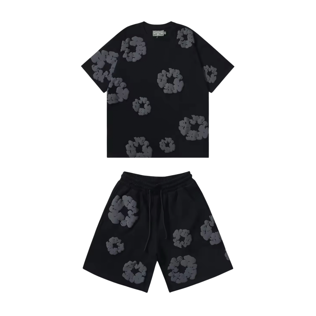 FLOWER KISS – Completo corto in denim con stampa corona unica | Streetwear estivo