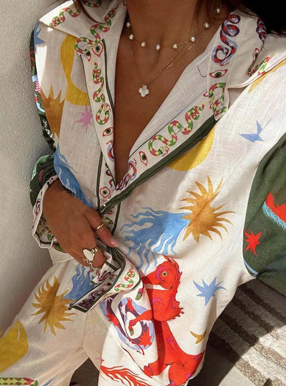 LYA – Conjunto bohemio de dos piezas para damas con manga larga y pantalón