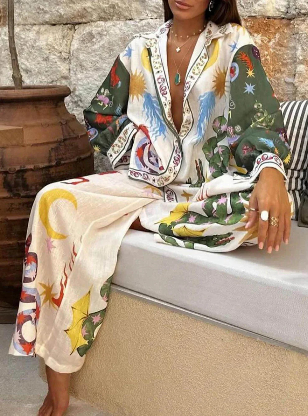 LYA – Conjunto bohemio de dos piezas para damas con manga larga y pantalón