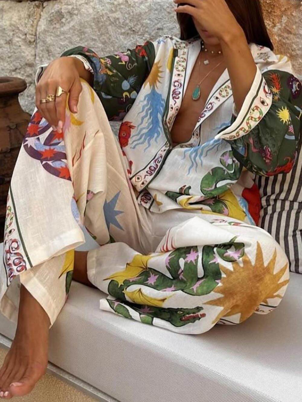 LYA – Conjunto bohemio de dos piezas para damas con manga larga y pantalón