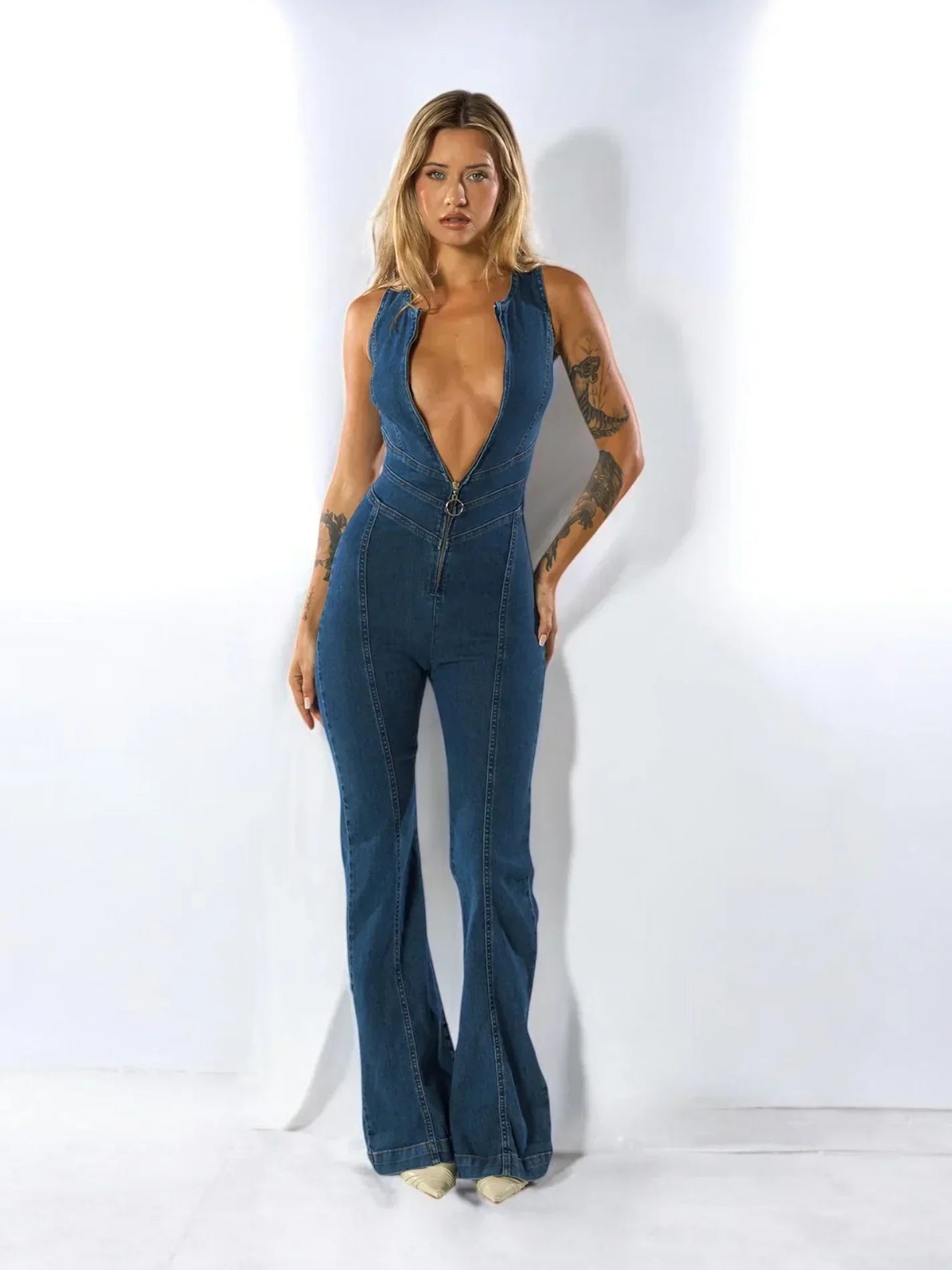 AZARIA – Tuta in jeans da donna con maniche lunghe | Iconico look anni '70 in ritorno