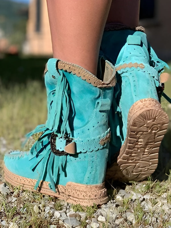 SIERRA Botas de mujer – Estilo occidental bohemio con aspecto de ante y flecos | Imprescindible para festivales