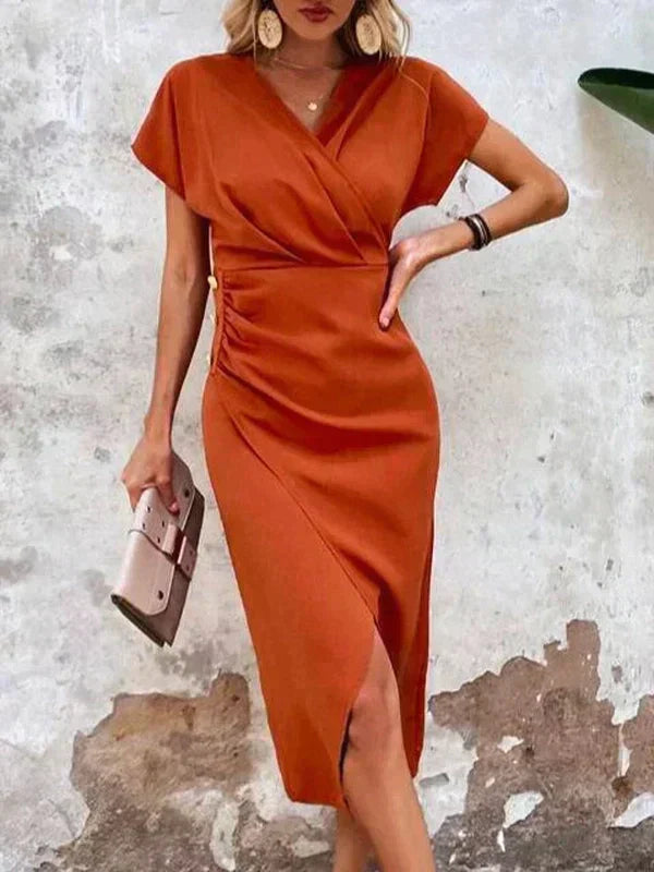 CELINE – Elegante Midi Jurk met V-Hals & Cross-Over | Perfect voor Zomerfeesten & Avondjes Uit