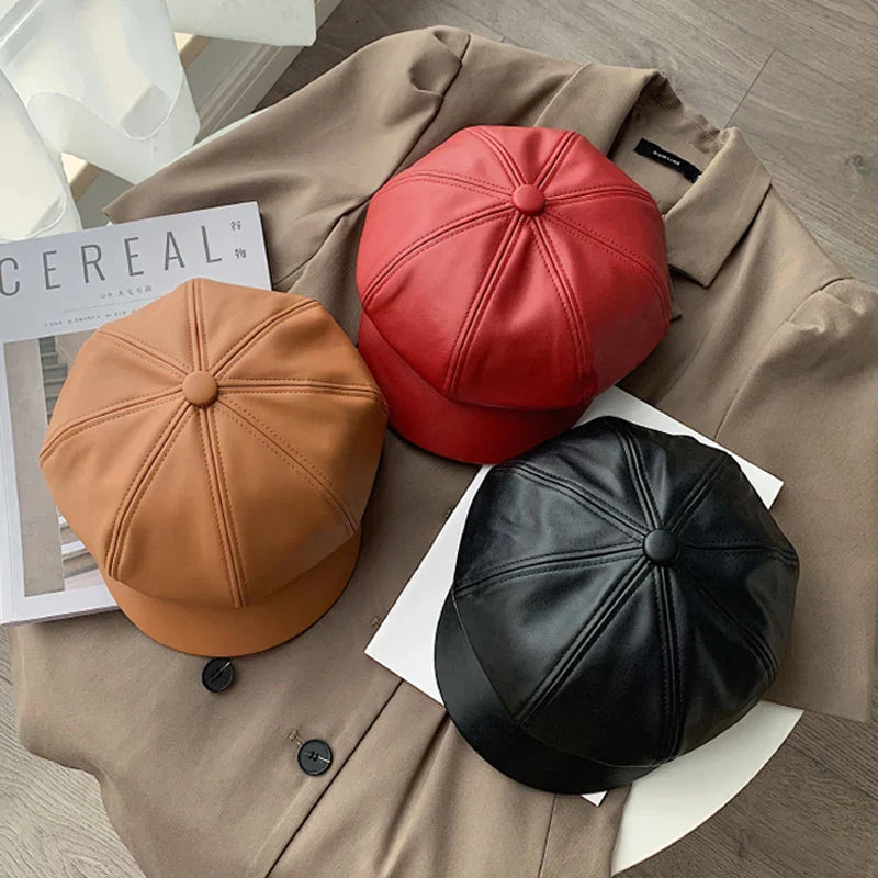 Kaira Dames Hoed Achthoekig PU Leer Koreaanse Stijl-4
