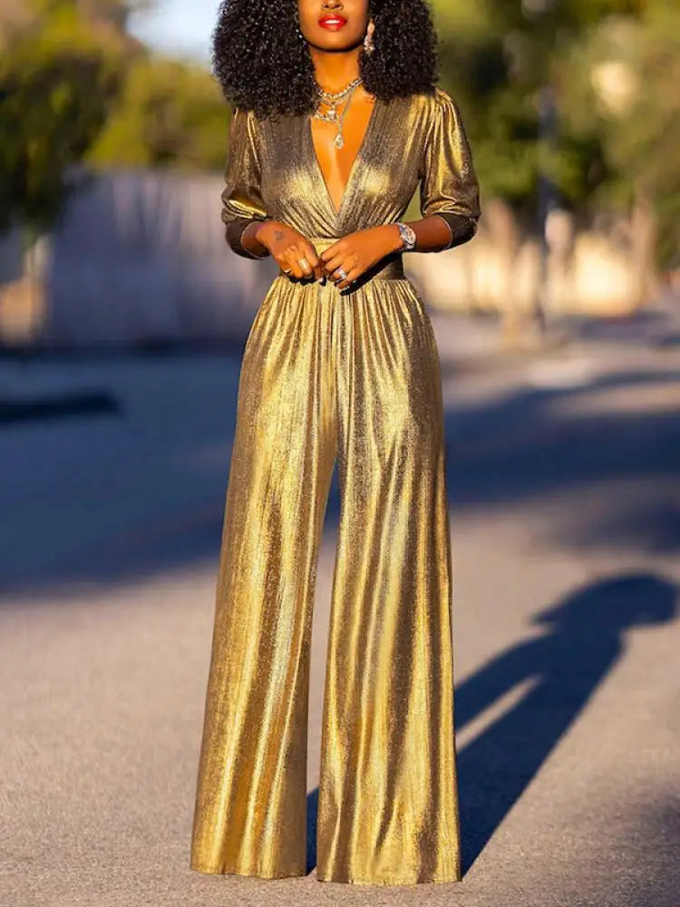 HELENA – Glanzende Jumpsuit met Wijde Pijpen & V-Hals | Chic voor Feest & Gala
