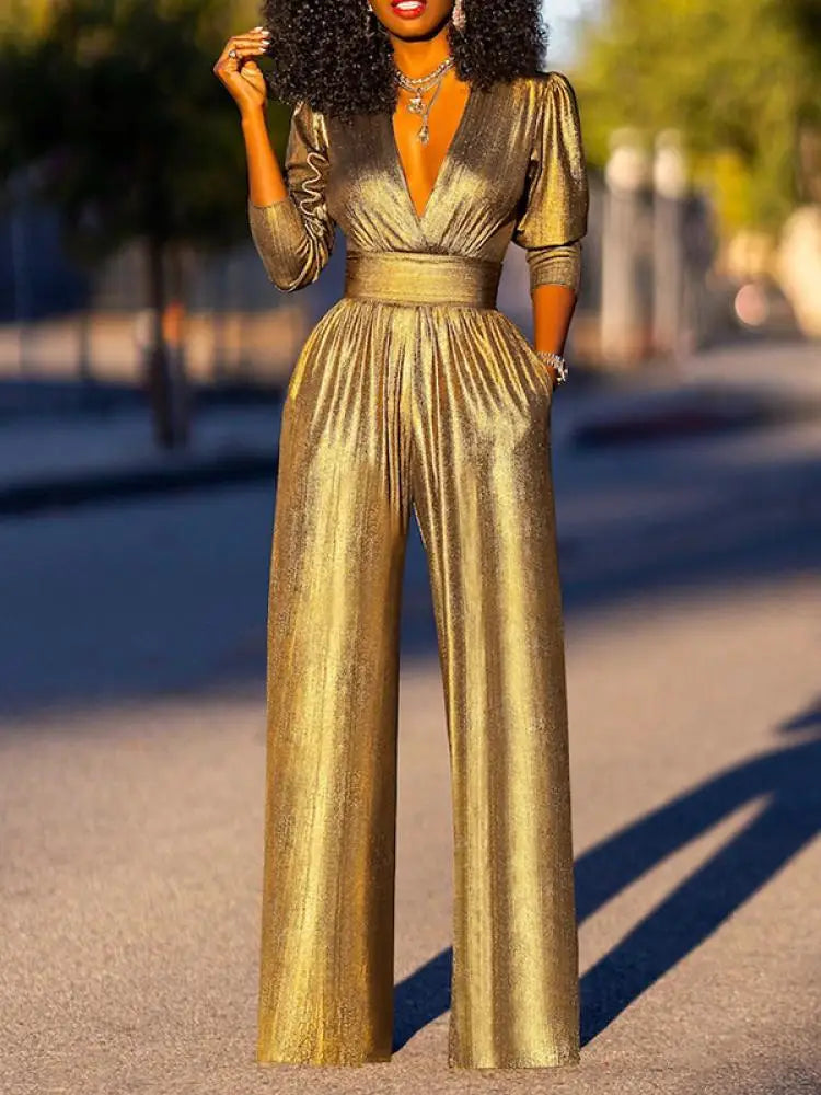 HELENA – Glanzende Jumpsuit met Wijde Pijpen & V-Hals | Chic voor Feest & Gala