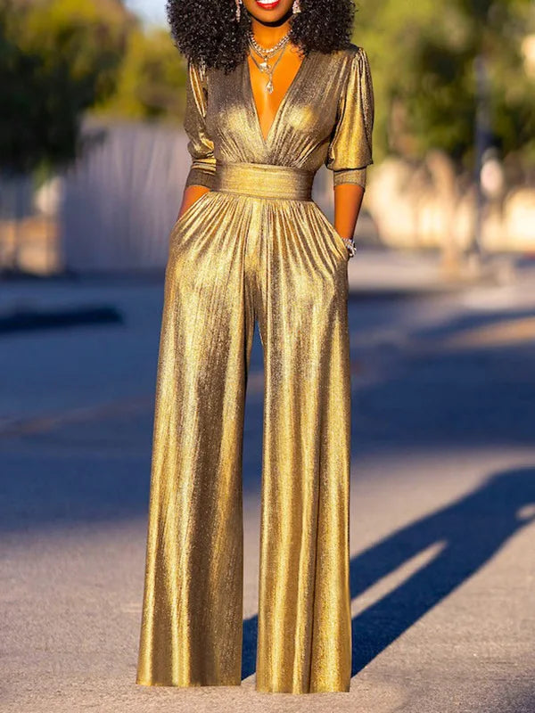 HELENA – Glanzende Jumpsuit met Wijde Pijpen & V-Hals | Chic voor Feest & Gala