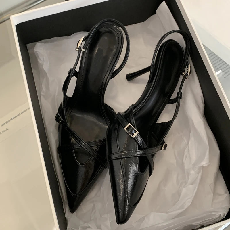 Elegante Zwarte Pumps Dames met Gesp en Hoge Hak – Puntige Teen Slingback Schoenen voor Feestjes 4