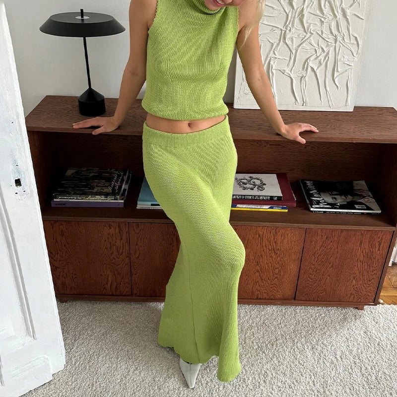 Casual Dames Set - Mouwloze Off-Schouder Tanktop en Ribgebreide Midi Rok in Bodycon Stijl 6