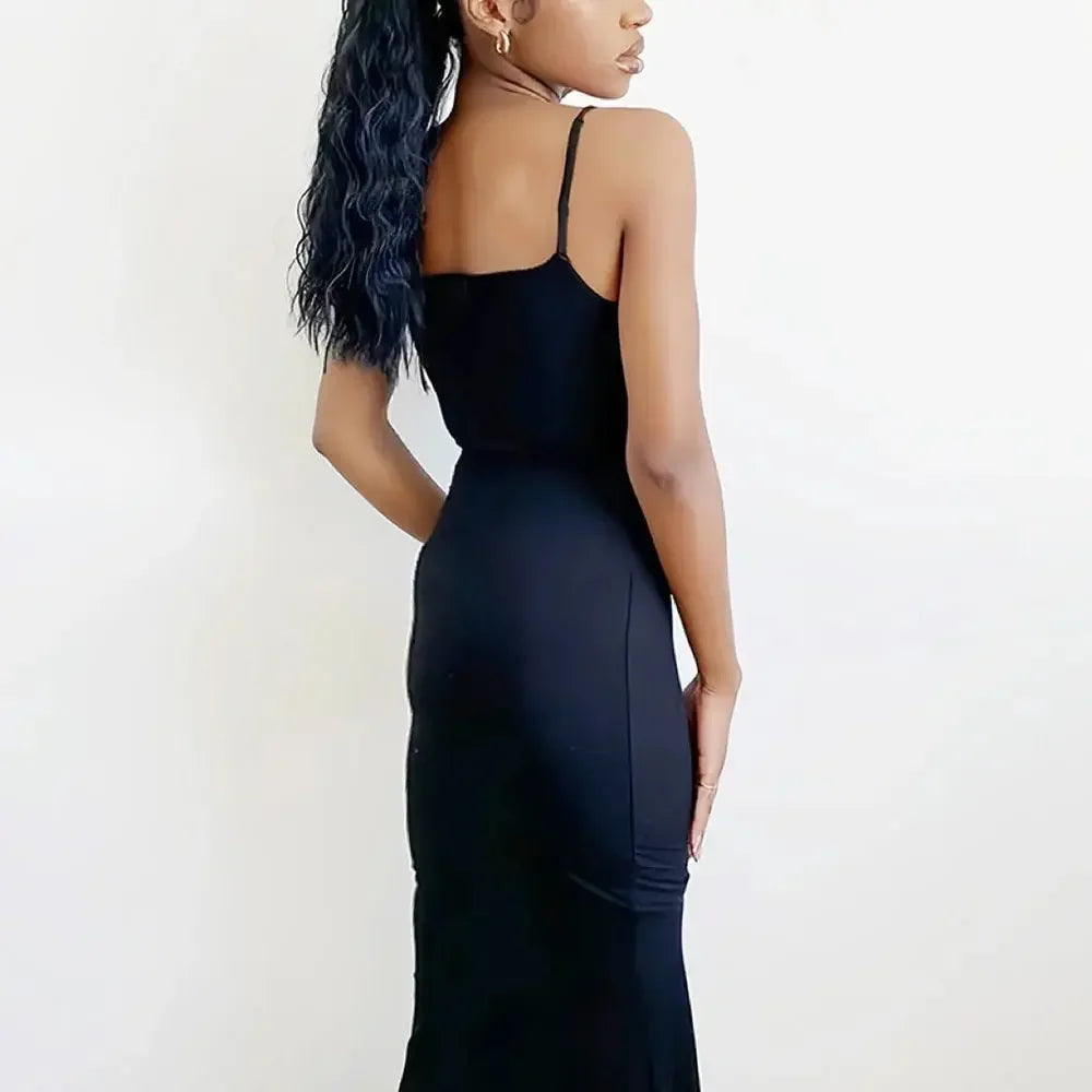 Dames Zwarte Lange Jurk Sexy Mouwloos Maxi Jurk Zomer Elegant Visstaartontwerp-5