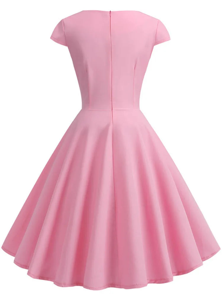Dames Midi Jurk V-hals Retro Zomerjurkjes in Roze-3