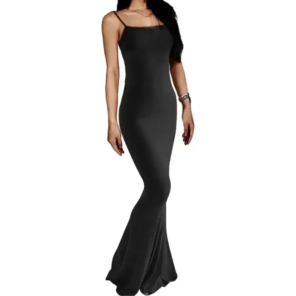 Dames Zwarte Lange Jurk Sexy Mouwloos Maxi Jurk Zomer Elegant Visstaartontwerp-3