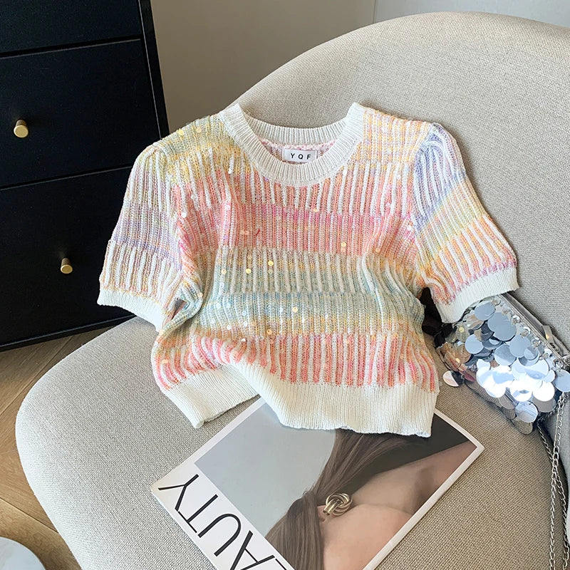 Dames Zomertrui met Pailletten en Korte Mouwen – Slank Gebreide Crop Top voor Dames, Modieuze Truien in Gestreepte Motieven 3