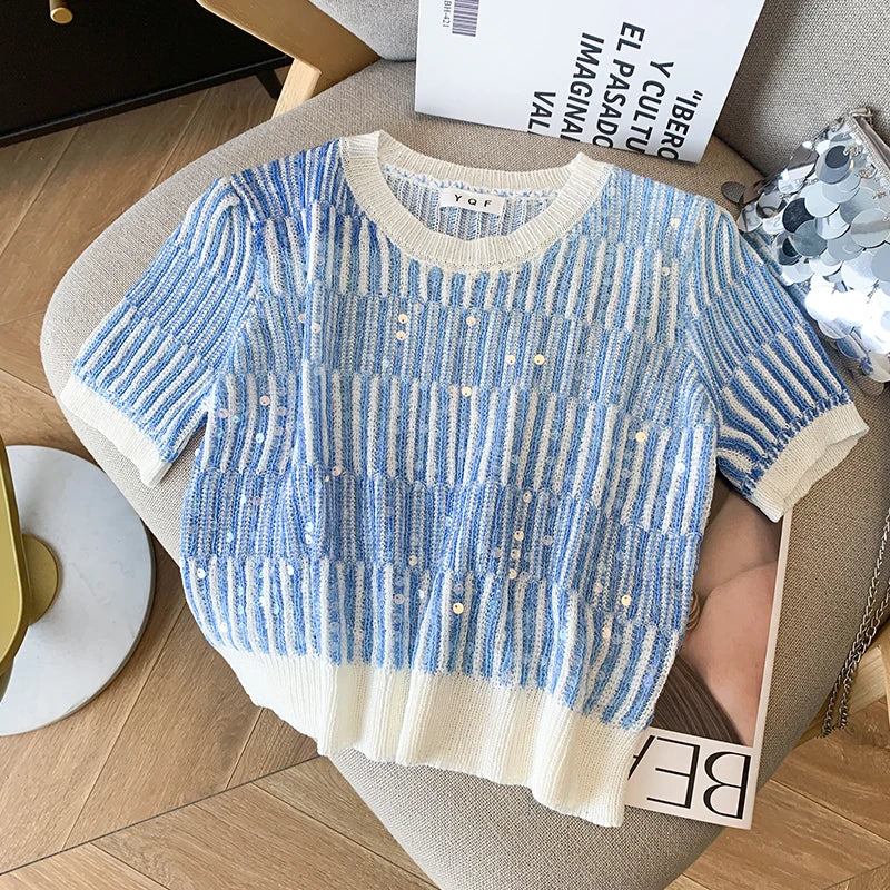 Dames Zomertrui met Pailletten en Korte Mouwen – Slank Gebreide Crop Top voor Dames, Modieuze Truien in Gestreepte Motieven 5
