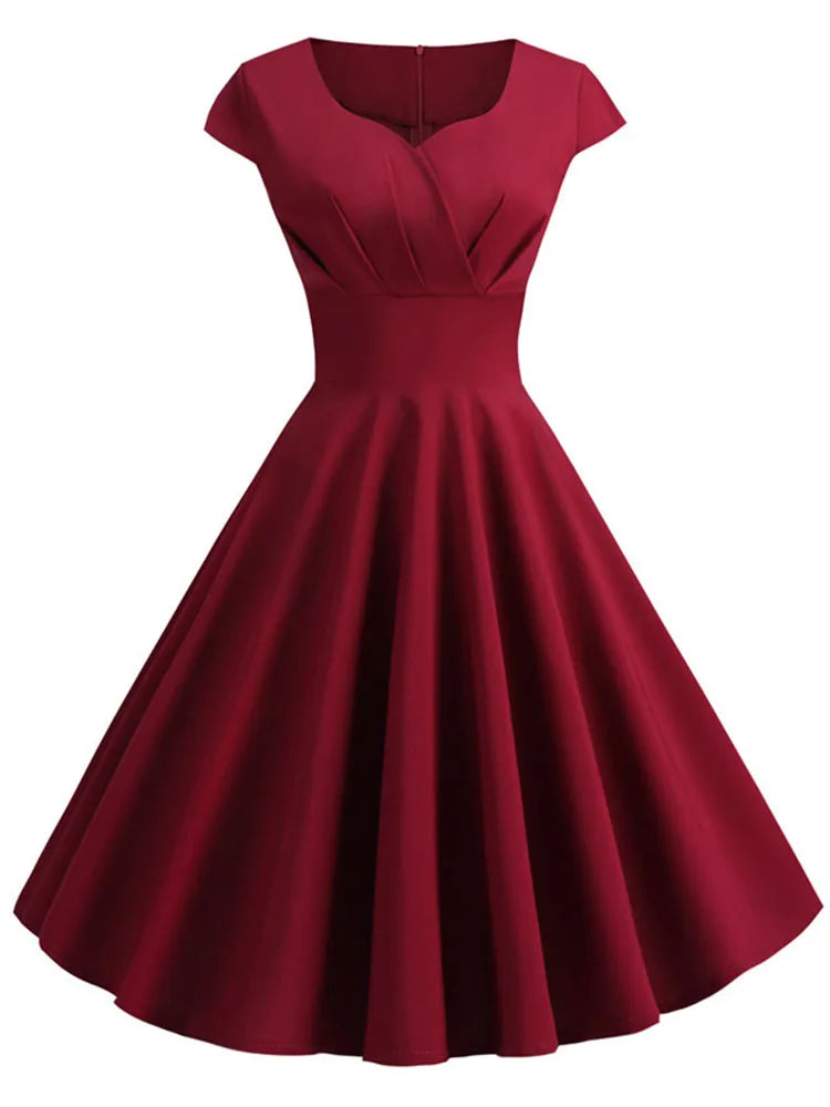 Dames Midi Jurk V-hals Retro Zomerjurkjes in Roze-6