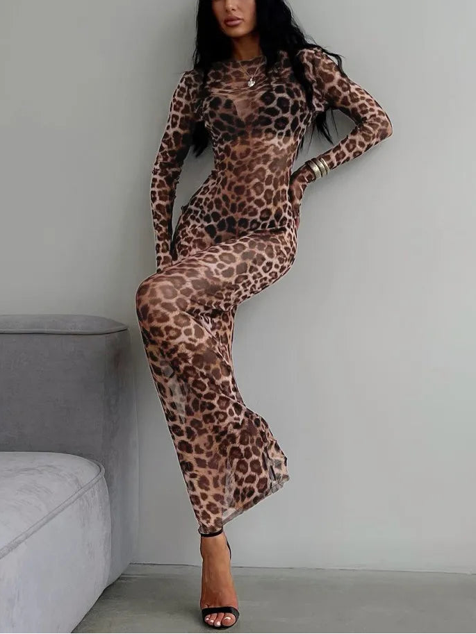 Dames Maxi Jurk Luipaardprint Lange Mouwen Zomerstijl-3