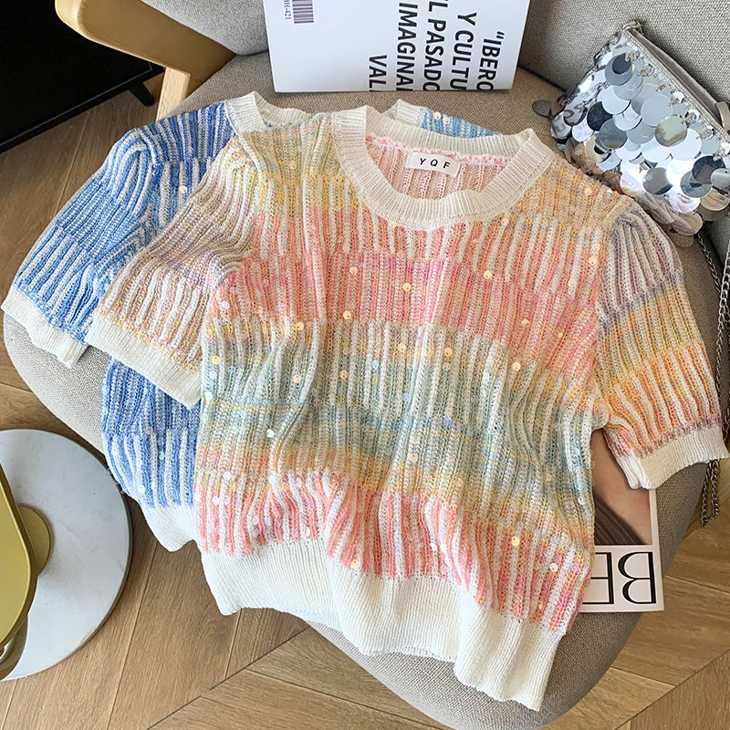 Dames Zomertrui met Pailletten en Korte Mouwen – Slank Gebreide Crop Top voor Dames, Modieuze Truien in Gestreepte Motieven 6