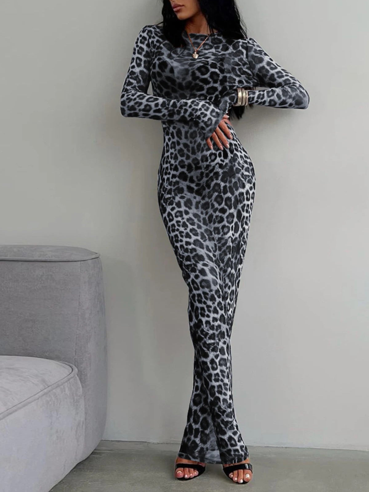 Dames Maxi Jurk Luipaardprint Lange Mouwen Zomerstijl-1
