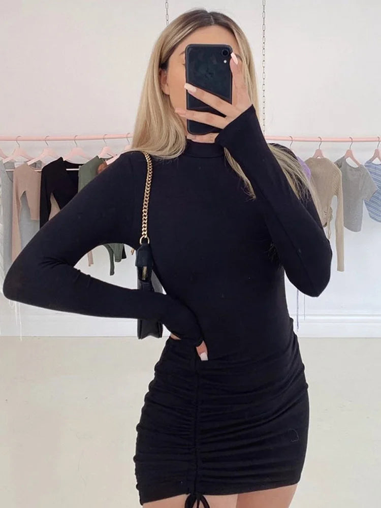 Variant image for Vrouwen Zwarte Mini Jurk Turtleneck Bodycon Stijl met Ruches-2