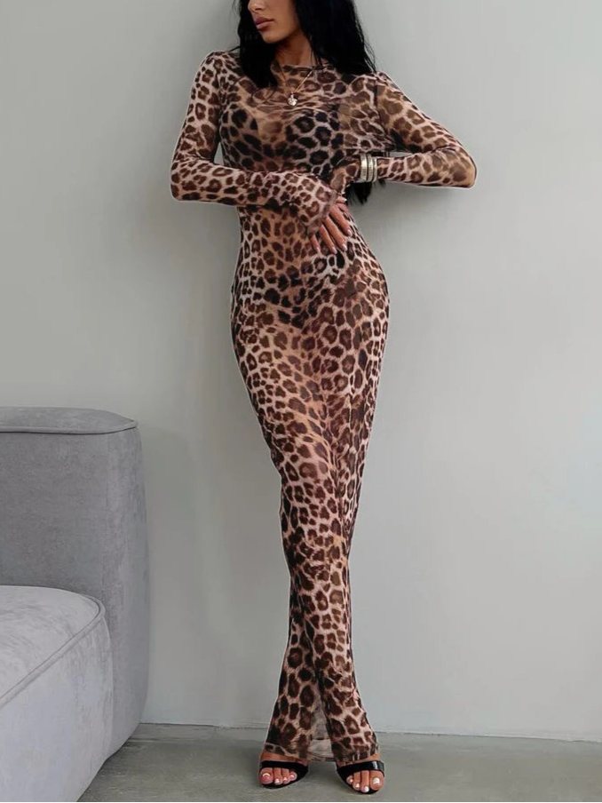 Variant image for Dames Maxi Jurk Luipaardprint Lange Mouwen Zomerstijl-2