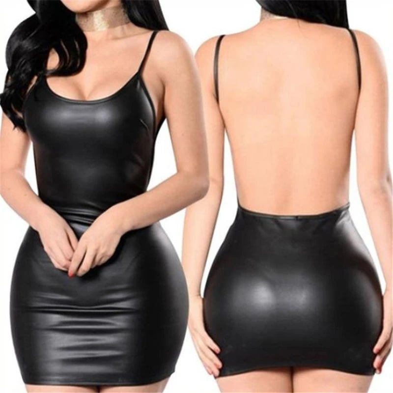 Dames Mini Jurk Backless Zwart Latex Bodycon Stijl-2