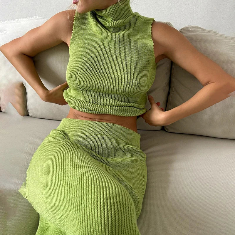 Casual Dames Set - Mouwloze Off-Schouder Tanktop en Ribgebreide Midi Rok in Bodycon Stijl 4